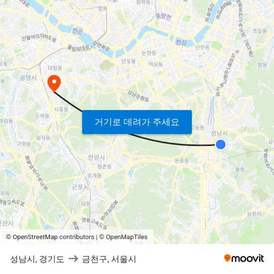 성남시, 경기도 to 금천구, 서울시 map
