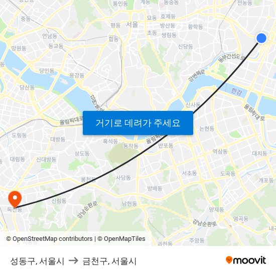 성동구, 서울시 to 금천구, 서울시 map