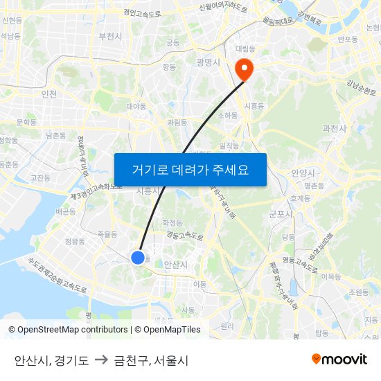 안산시, 경기도 to 금천구, 서울시 map