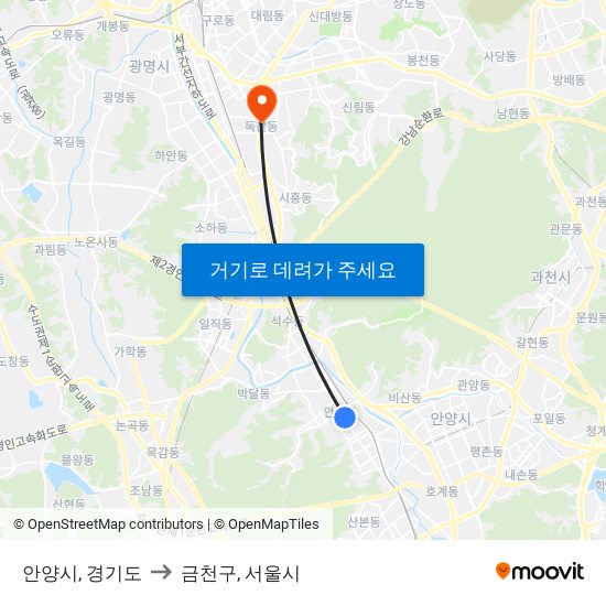 안양시, 경기도 to 금천구, 서울시 map