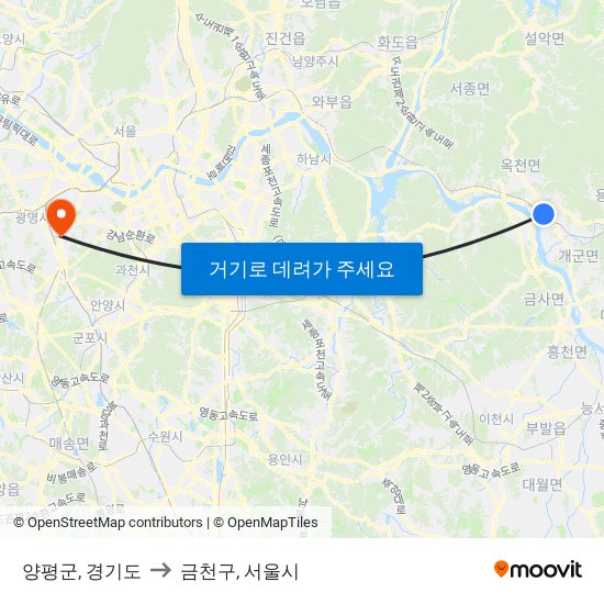 양평군, 경기도 to 금천구, 서울시 map