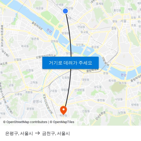 은평구, 서울시 to 금천구, 서울시 map