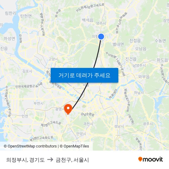 의정부시, 경기도 to 금천구, 서울시 map