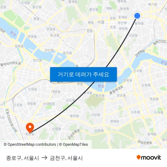 종로구, 서울시 to 금천구, 서울시 map
