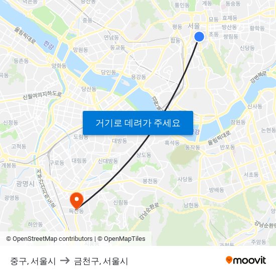 중구, 서울시 to 금천구, 서울시 map