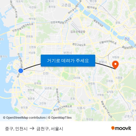 중구, 인천시 to 금천구, 서울시 map