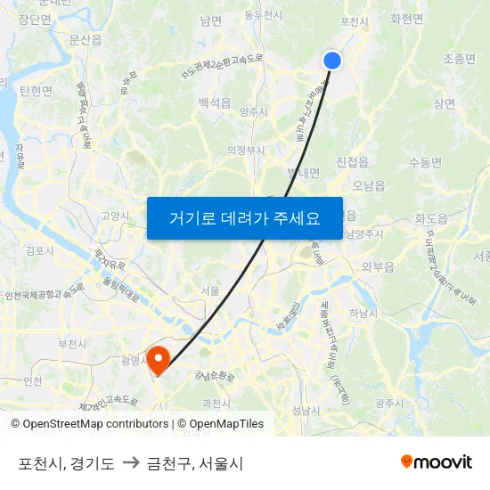 포천시, 경기도 to 금천구, 서울시 map