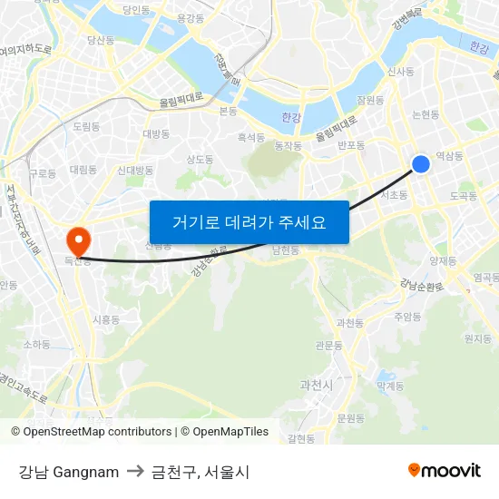 강남 Gangnam to 금천구, 서울시 map
