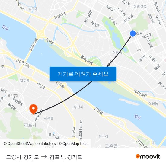 고양시, 경기도 to 김포시, 경기도 map