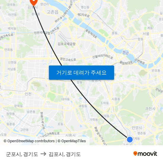 군포시, 경기도 to 김포시, 경기도 map