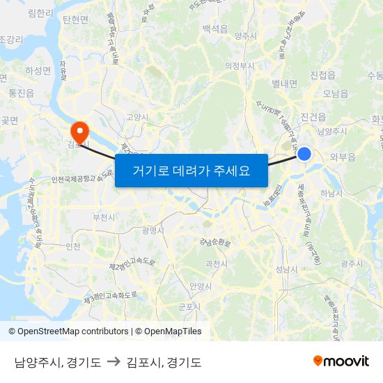 남양주시, 경기도 to 김포시, 경기도 map