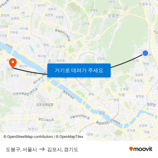 도봉구, 서울시 to 김포시, 경기도 map