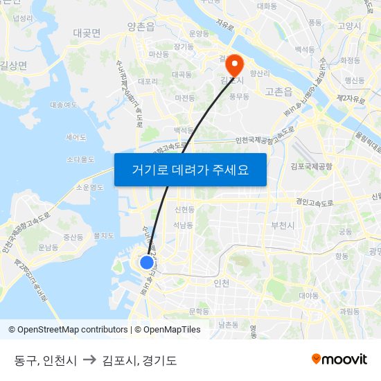 동구, 인천시 to 김포시, 경기도 map