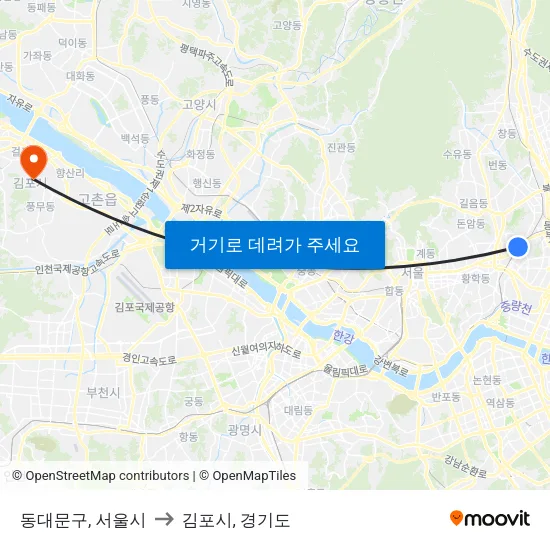 동대문구, 서울시 to 김포시, 경기도 map