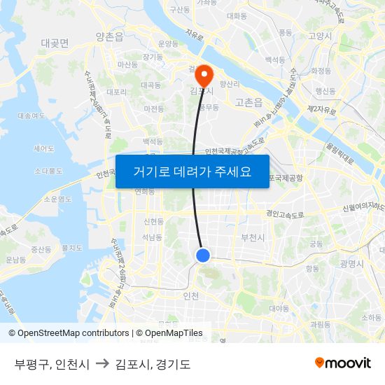 부평구, 인천시 to 김포시, 경기도 map