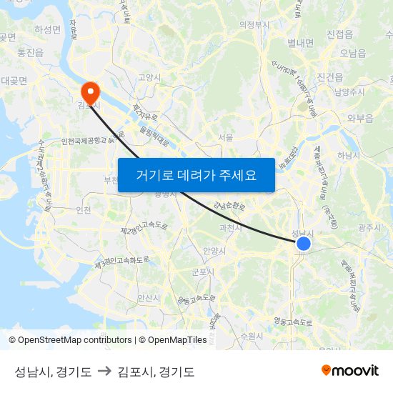 성남시, 경기도 to 김포시, 경기도 map