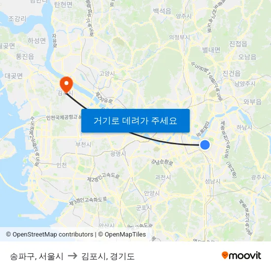송파구, 서울시 to 김포시, 경기도 map