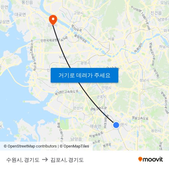 수원시, 경기도 to 김포시, 경기도 map