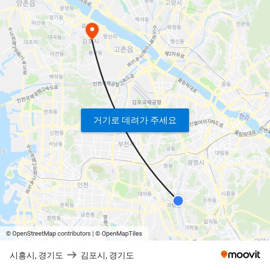 시흥시, 경기도 to 김포시, 경기도 map