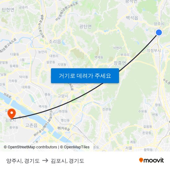 양주시, 경기도 to 김포시, 경기도 map