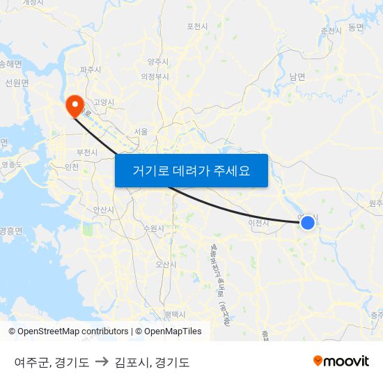 여주군, 경기도 to 김포시, 경기도 map