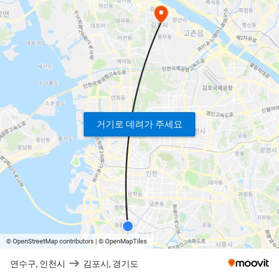 연수구, 인천시 to 김포시, 경기도 map