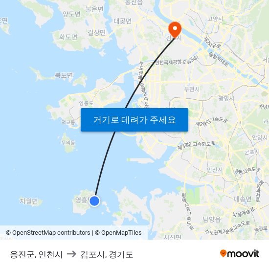 옹진군, 인천시 to 김포시, 경기도 map