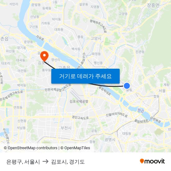 은평구, 서울시 to 김포시, 경기도 map