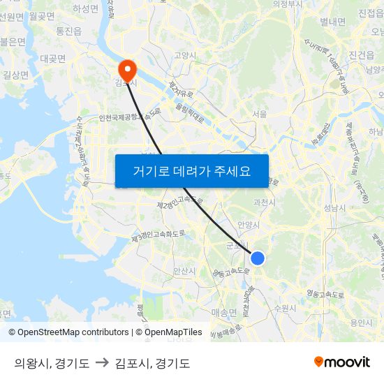 의왕시, 경기도 to 김포시, 경기도 map