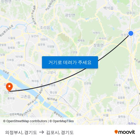 의정부시, 경기도 to 김포시, 경기도 map