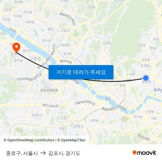 종로구, 서울시 to 김포시, 경기도 map