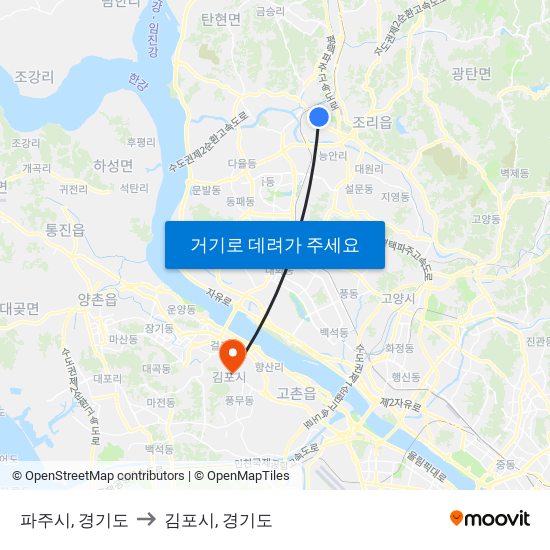 파주시, 경기도 to 김포시, 경기도 map