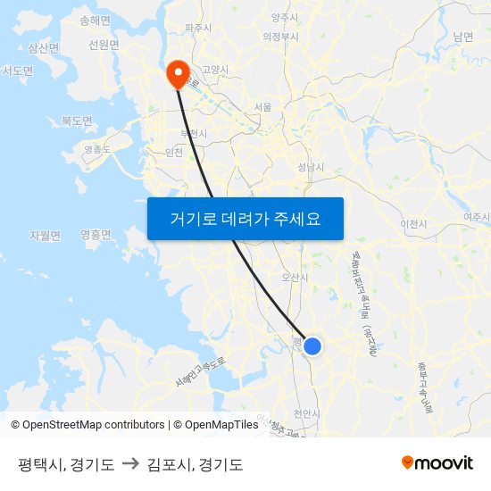 평택시, 경기도 to 김포시, 경기도 map