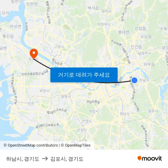 하남시, 경기도 to 김포시, 경기도 map