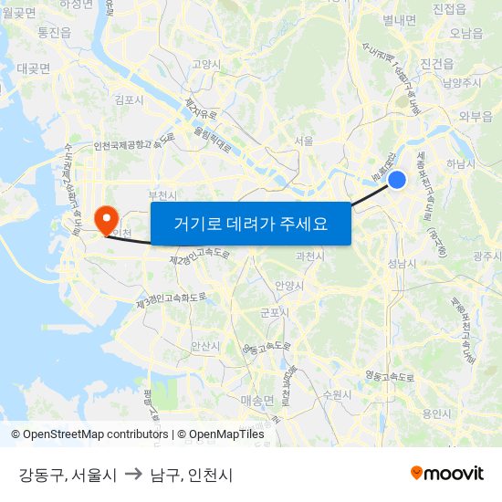 강동구, 서울시 to 남구, 인천시 map