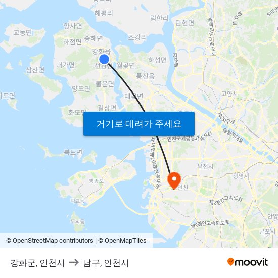 강화군, 인천시 to 남구, 인천시 map