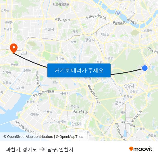 과천시, 경기도 to 남구, 인천시 map