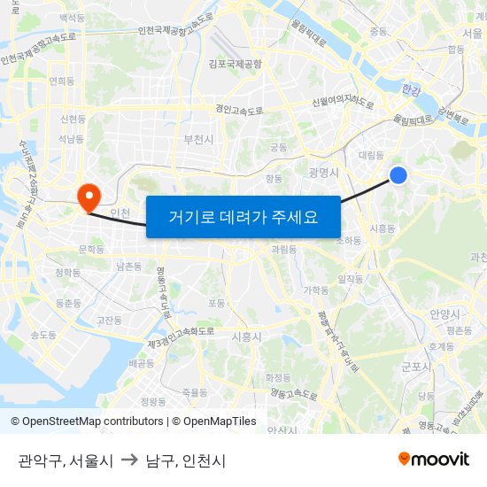 관악구, 서울시 to 남구, 인천시 map