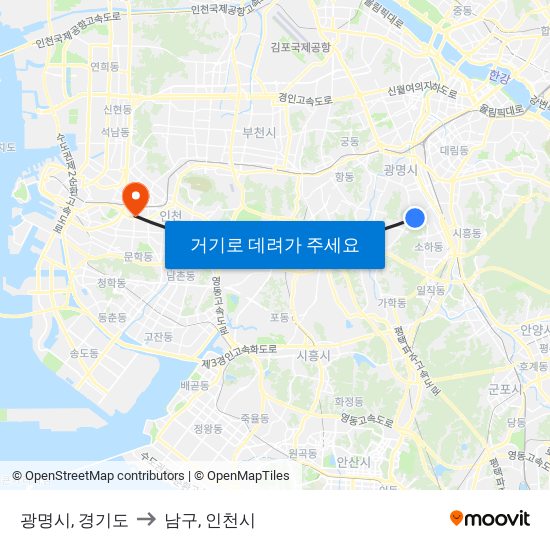 광명시, 경기도 to 남구, 인천시 map