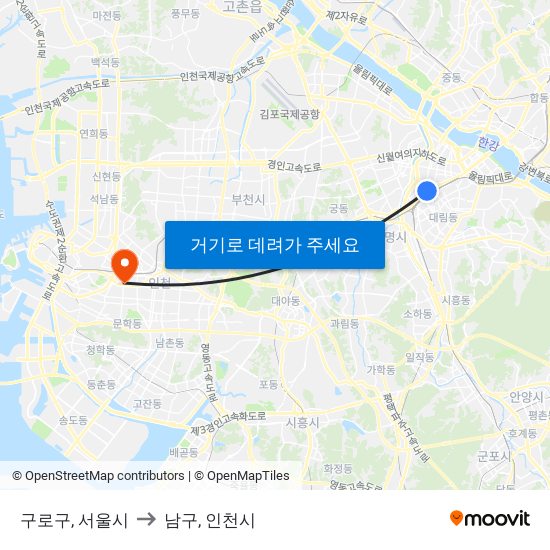 구로구, 서울시 to 남구, 인천시 map