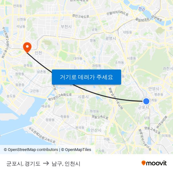 군포시, 경기도 to 남구, 인천시 map