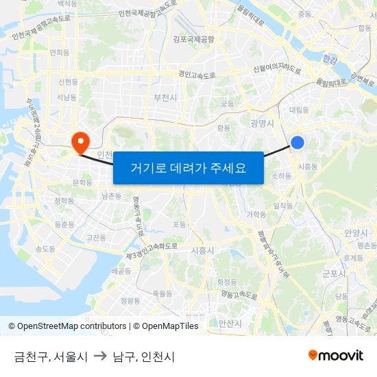 금천구, 서울시 to 남구, 인천시 map