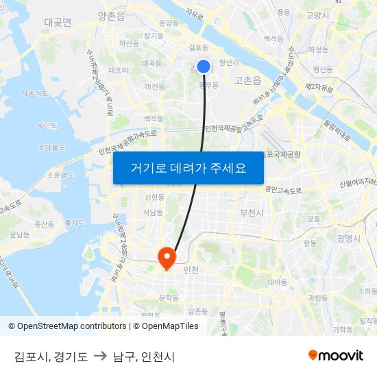 김포시, 경기도 to 남구, 인천시 map