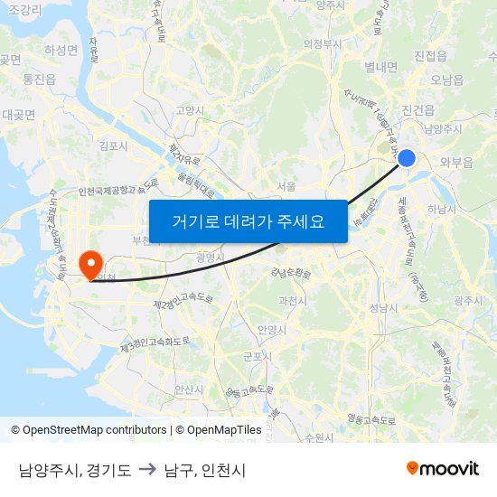 남양주시, 경기도 to 남구, 인천시 map