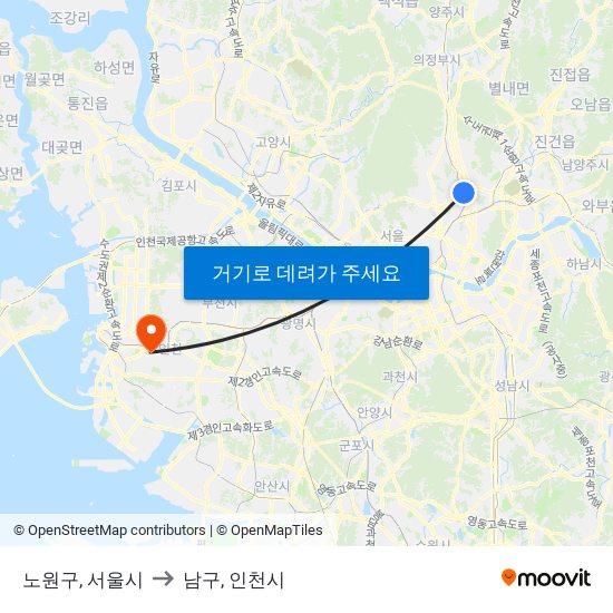 노원구, 서울시 to 남구, 인천시 map
