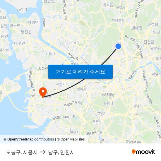 도봉구, 서울시 to 남구, 인천시 map