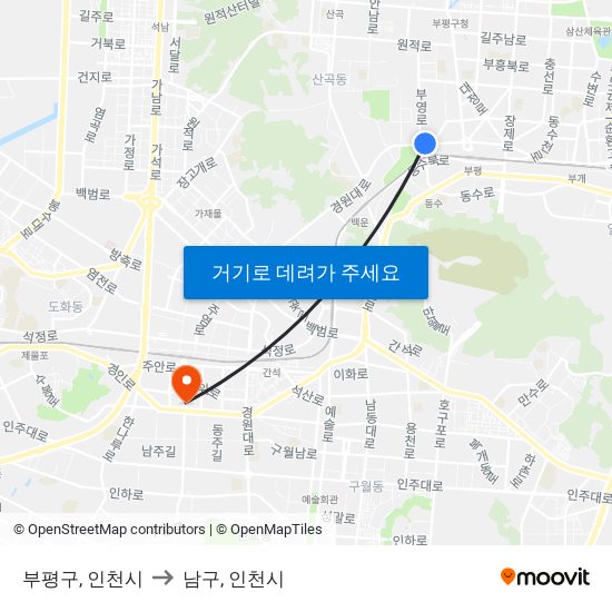 부평구, 인천시 to 남구, 인천시 map