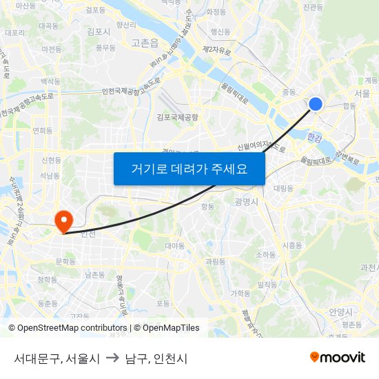 서대문구, 서울시 to 남구, 인천시 map