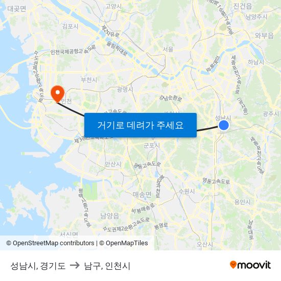 성남시, 경기도 to 남구, 인천시 map