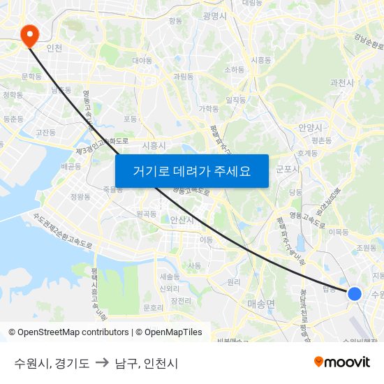 수원시, 경기도 to 남구, 인천시 map